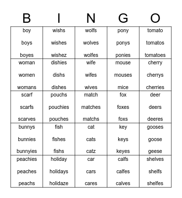 Plural Noun Bingo Card
