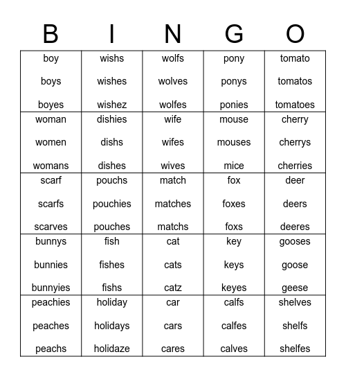 Plural Noun Bingo Card