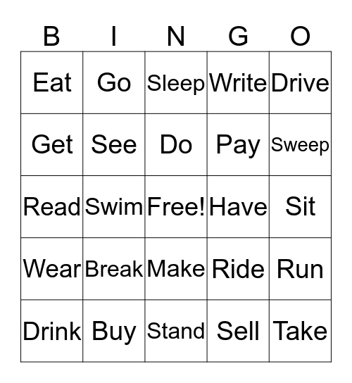 Irregular Verb Bingo Card