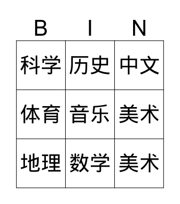 school subjects Bingo Card