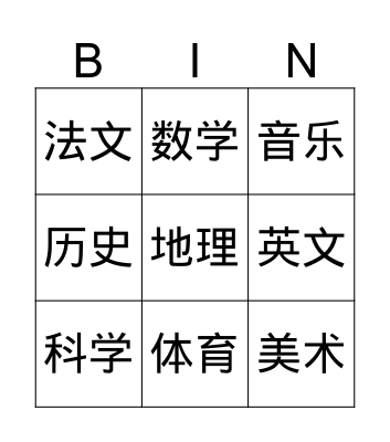 school subjects Bingo Card