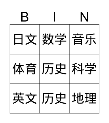 school subjects Bingo Card