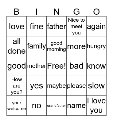 American Sign Language Bingo Card