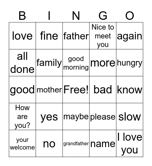 American Sign Language Bingo Card