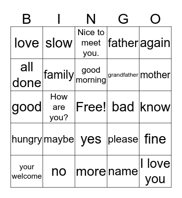 American Sign Language Bingo Card