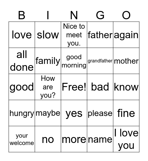 American Sign Language Bingo Card