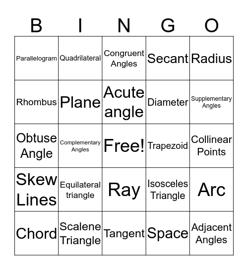 Geometry Bingo Card