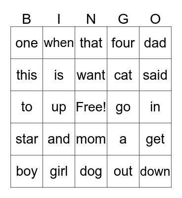 Sight Words  Bingo Card
