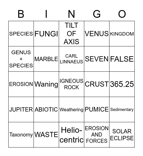Year 8 Revision  Bingo Card