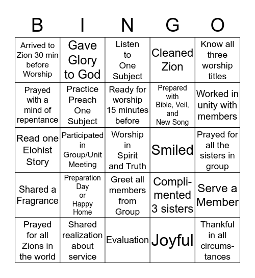 Let Us Keep the Sabbath Day Holy Bingo Card