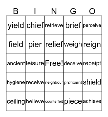 IE and EI WORDS  Bingo Card