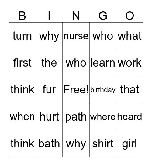 "ur" Sound Word Bingo Card