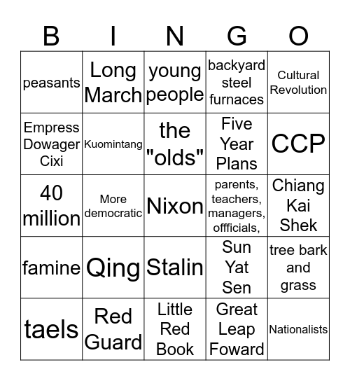 China Bingo Card