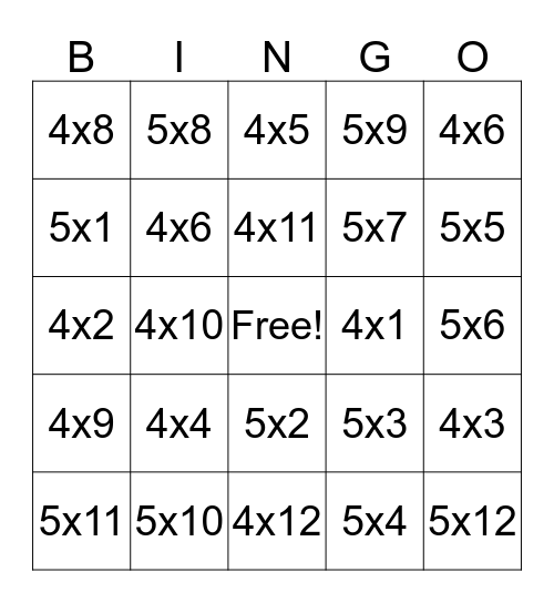 Multiplication Bingo (4's and 5's) Bingo Card
