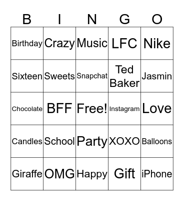 Jasmins Sweet 16 Bingo Card