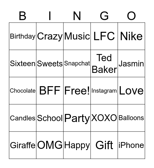 Jasmins Sweet 16 Bingo Card