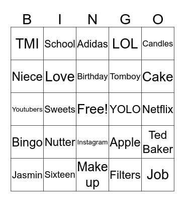 Jasmins Sweet 16 Bingo Card