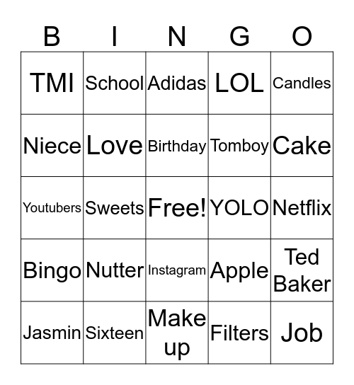 Jasmins Sweet 16 Bingo Card