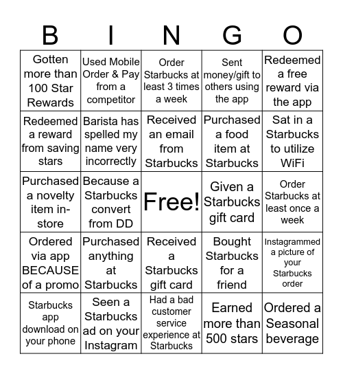 Starbucks Bingo Card