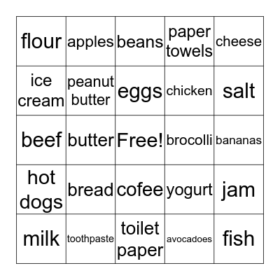 Groceries Bingo Card