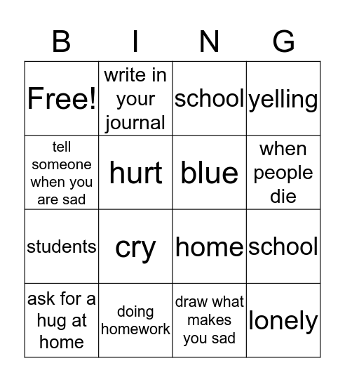 Feeling sad bingo Card