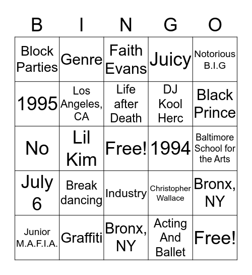 Old School Hip Hop Bingo Card