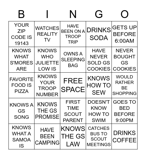 Girl Scout Bingo Card