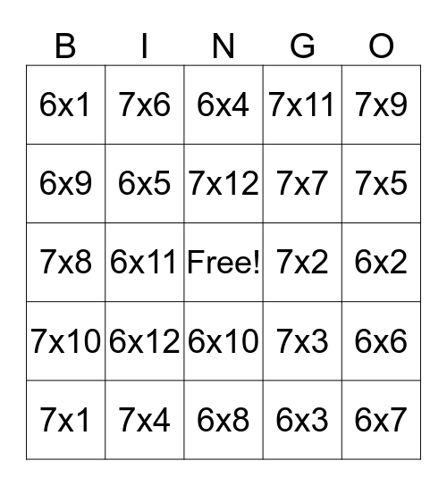 Multiplication Bingo (6's and 7's) Bingo Card