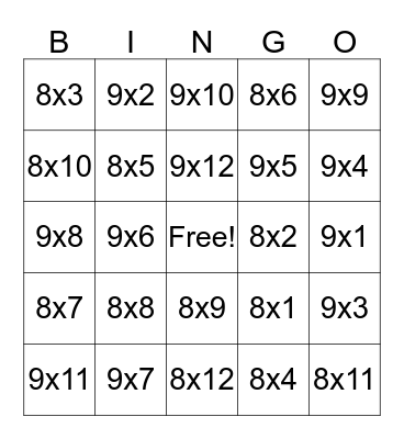 Multiplication Bingo (8's and 9's) Bingo Card