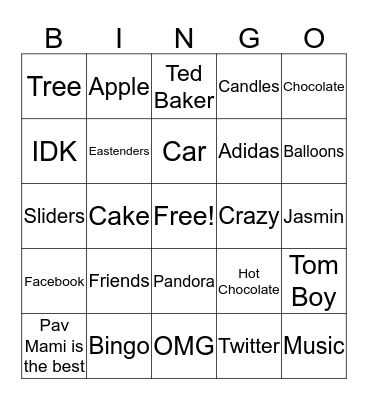 Jasmins Sweet 16 Bingo Card