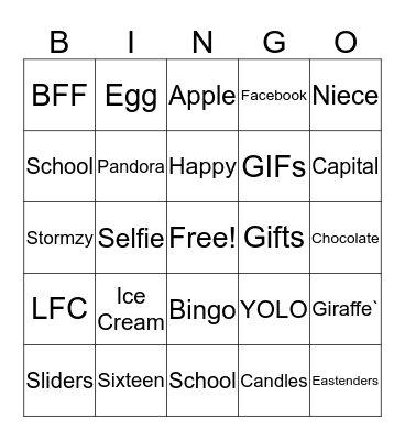 Jasmins Sweet 16 Bingo Card