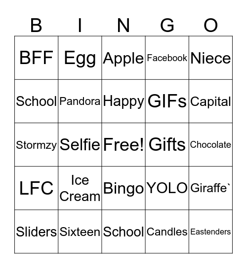 Jasmins Sweet 16 Bingo Card