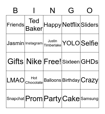 Jasmins Sweet 16 Bingo Card