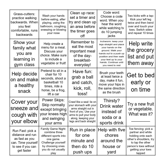 Run Wild! Health and Fitness Bingo Sheet ____ Bingo Card