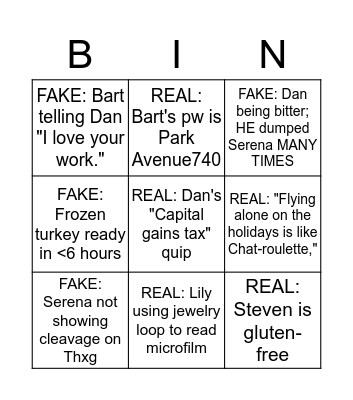 GG THXG S6 E8 "It's Really Complicated" Bingo Card