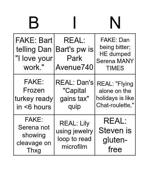 GG THXG S6 E8 "It's Really Complicated" Bingo Card