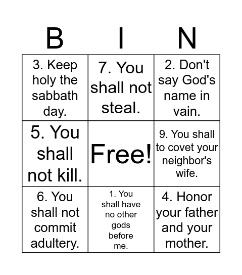 The Ten Commandments Bingo Card