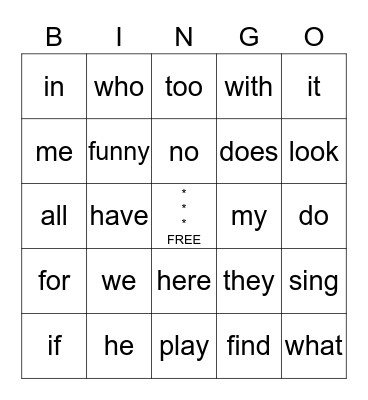 HF Word Review Bingo Card