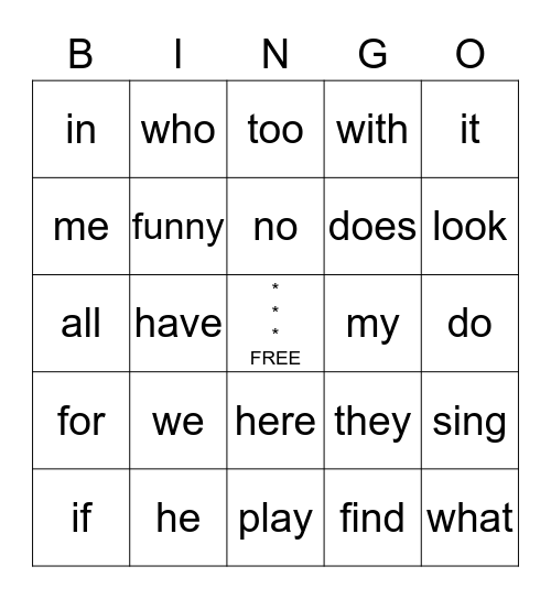 HF Word Review Bingo Card