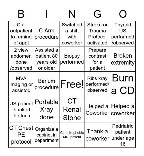 Radiology Tech Week Bingo Card