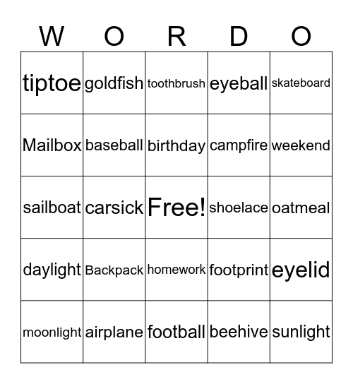 Building Vocabulary Wordo (2 Syllable Compound Words) Bingo Card