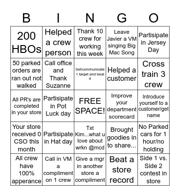 Manager's Bingo Challenge Bingo Card