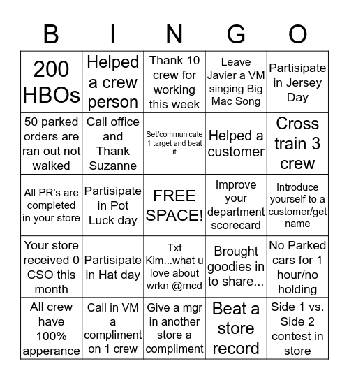 Manager's Bingo Challenge Bingo Card