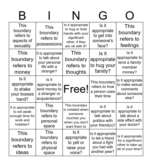 Personal Boundaries Bingo Card