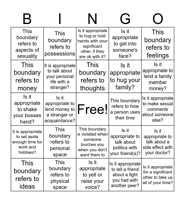 Personal Boundaries Bingo Card