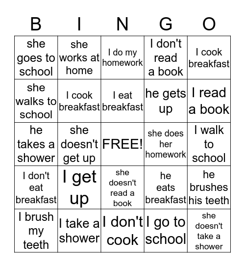 Daily Routines Bingo Card