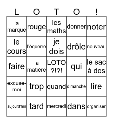 Loto 1hv chapitre 2 Bingo Card