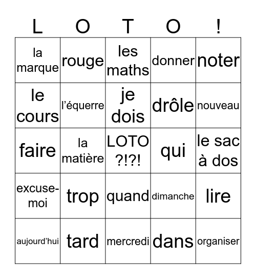 Loto 1hv chapitre 2 Bingo Card