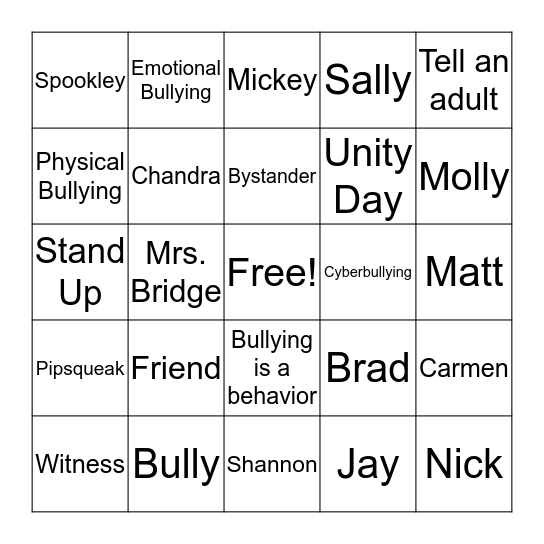 Kids Against Bullying Bingo Card