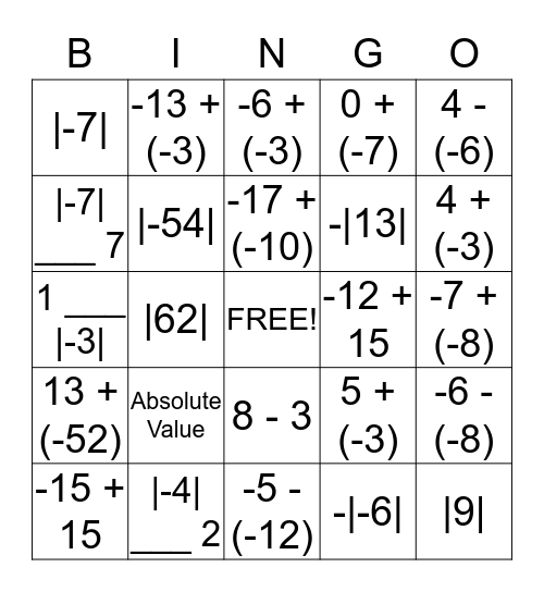 Integer Bingo Card